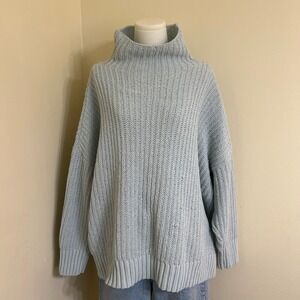 Aerie Womens XL Light Blue Chenille Chunky Ribbed Knit Funnel Neck Sweater
